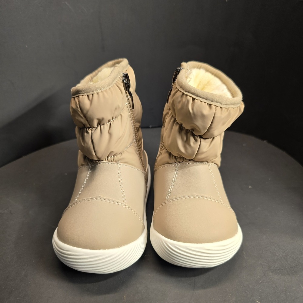 Kids Cozy Puffer Snow Boots Tan Side Zip Warm Lined Toddler Size 18 To 24 Months